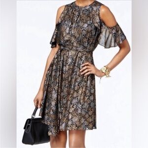 Michael Kors Cold-Shoulder star pattern Midi Dress in gold & silver